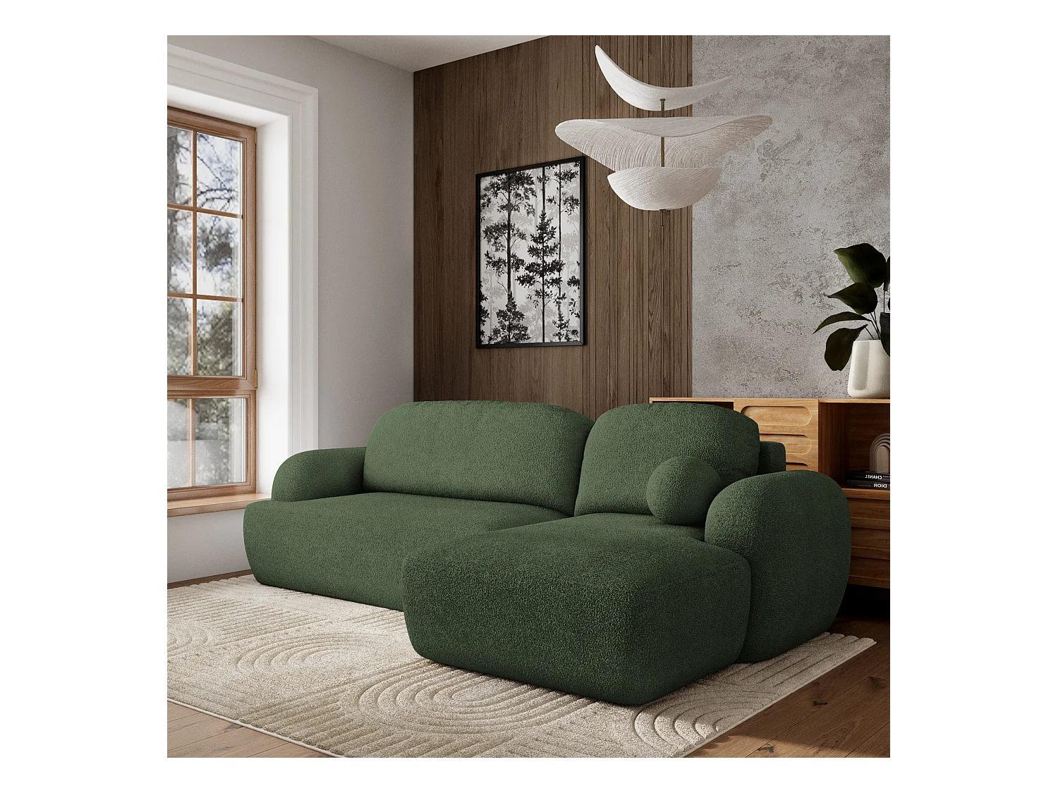 Canapé d'angle MODENZA Vert en bouclé avec fonction de couchage