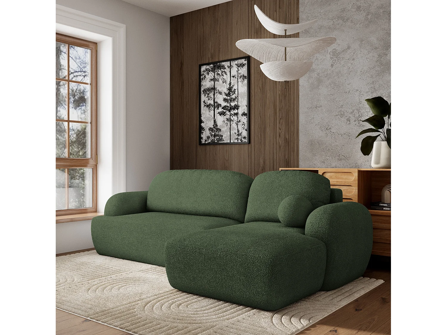 Canapé d'angle MODENZA Vert en bouclé avec fonction de couchage