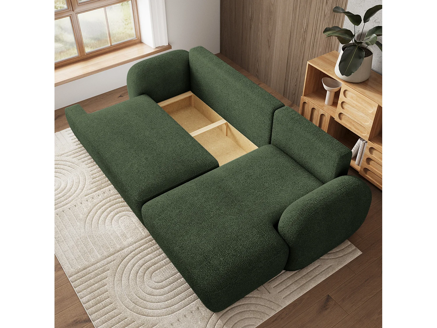 Canapé d'angle MODENZA Vert en bouclé avec fonction de couchage