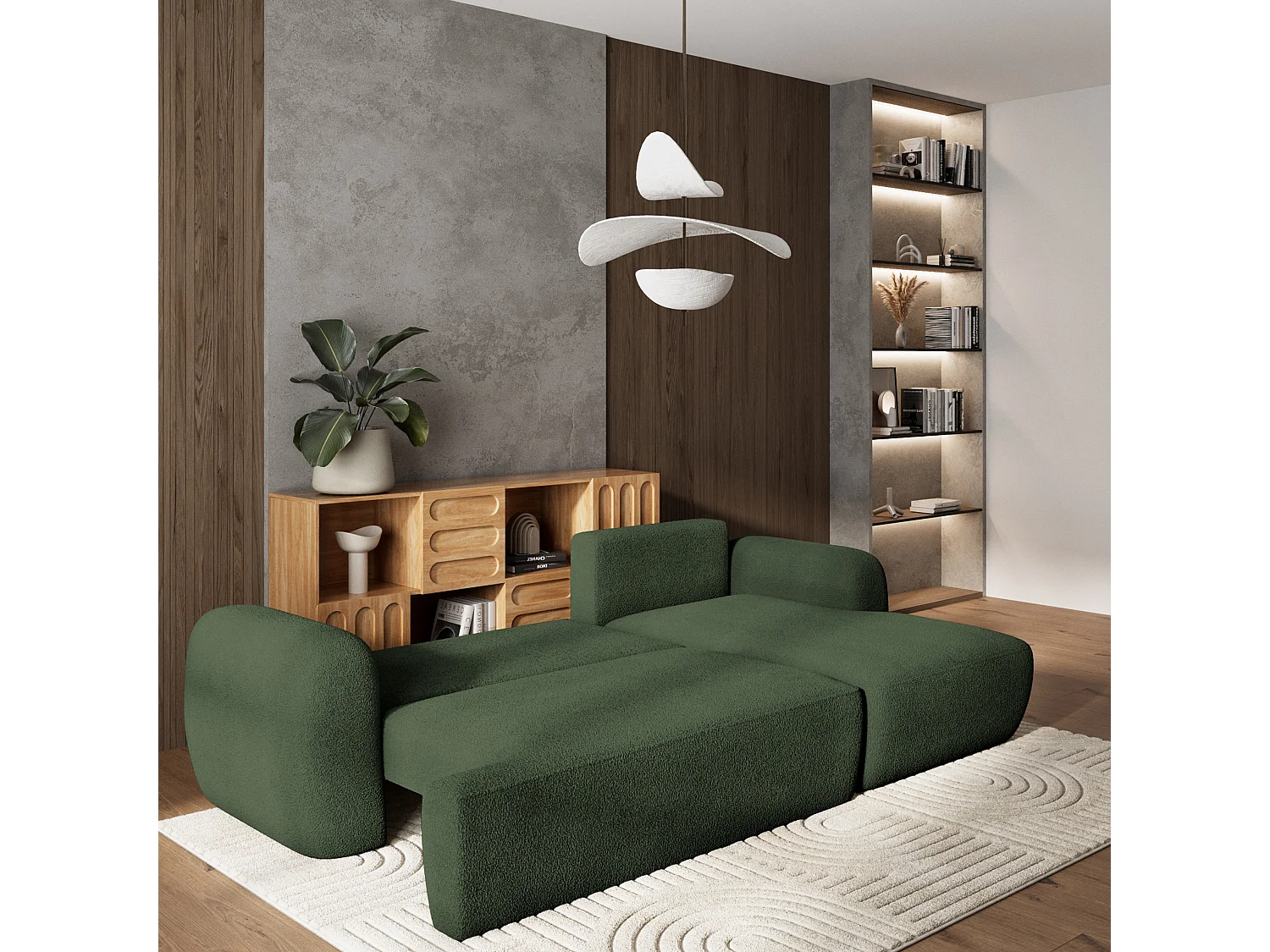 Canapé d'angle MODENZA Vert en bouclé avec fonction de couchage