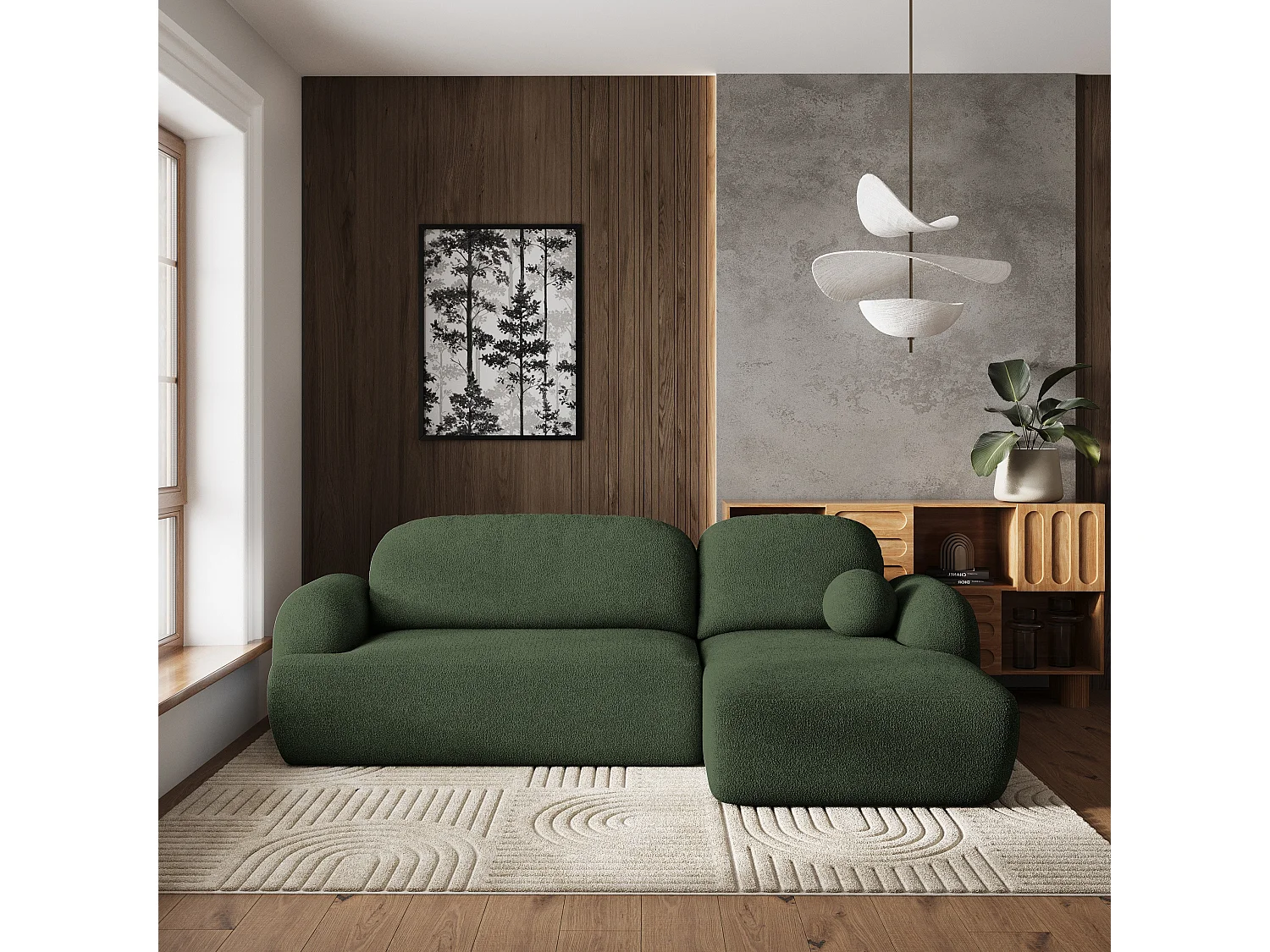 Canapé d'angle MODENZA Vert en bouclé avec fonction de couchage