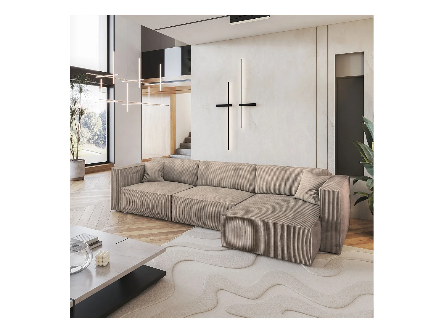 Canapé d'angle TOLMO Beige en velours côtelé avec fonction de couchage