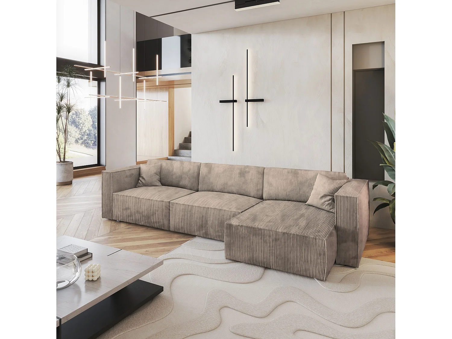 Canapé d'angle TOLMO Beige en velours côtelé avec fonction de couchage