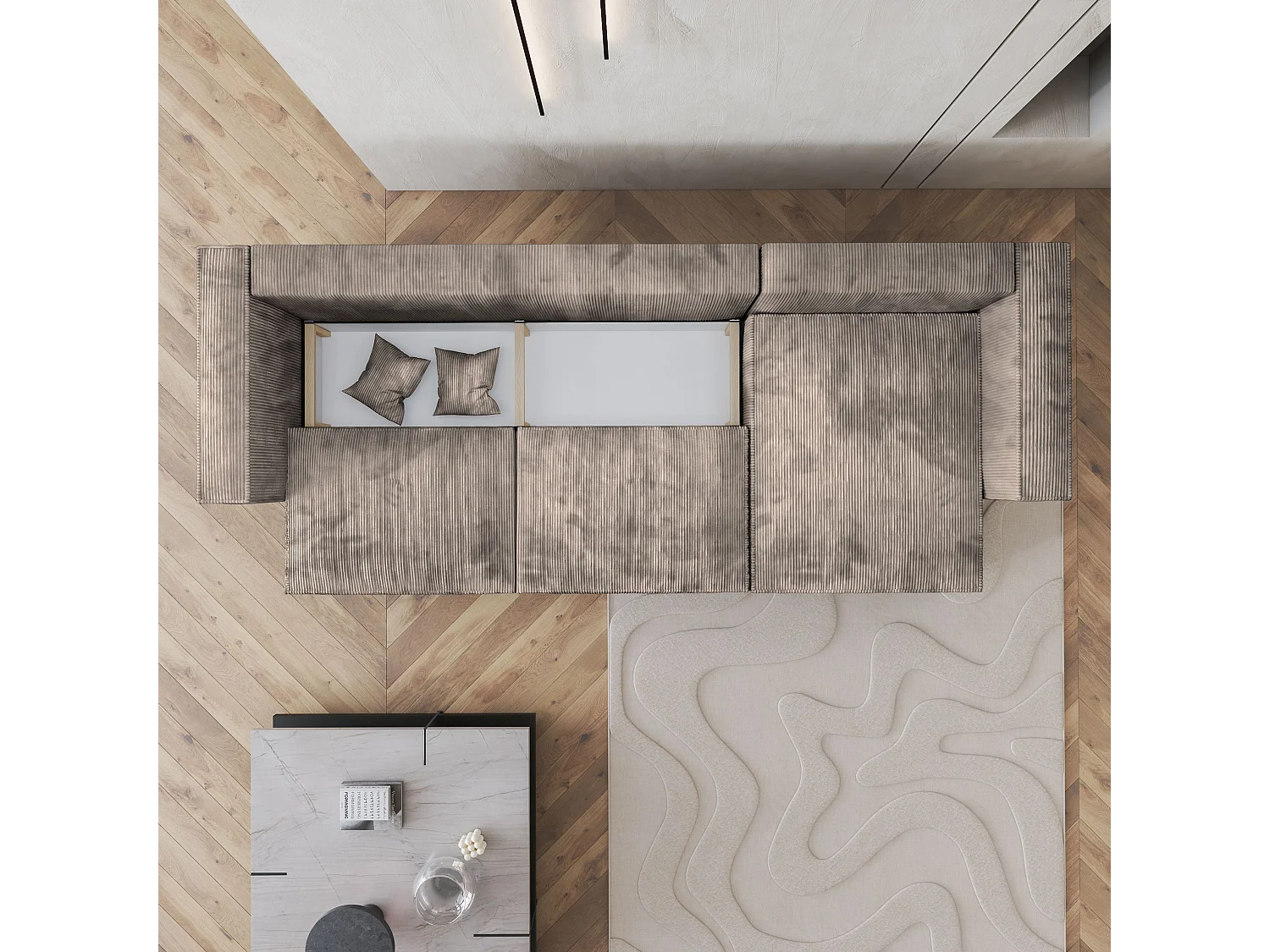 Canapé d'angle TOLMO Beige en velours côtelé avec fonction de couchage