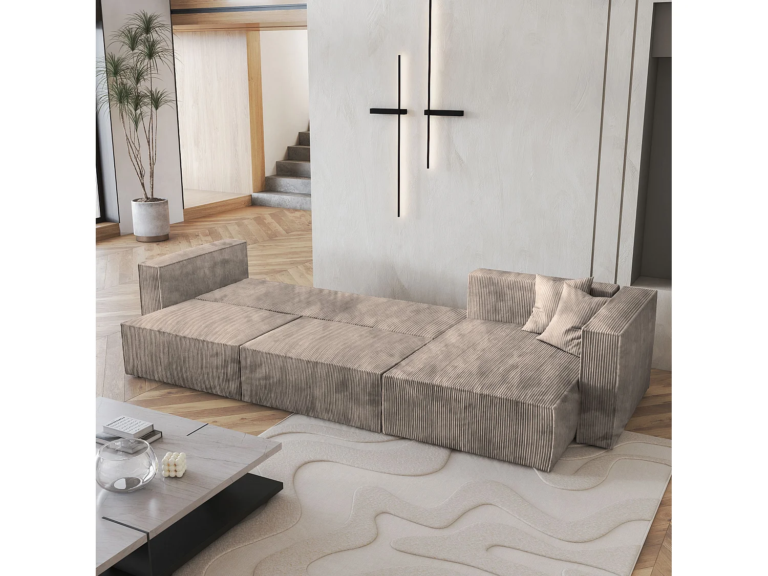 Canapé d'angle TOLMO Beige en velours côtelé avec fonction de couchage