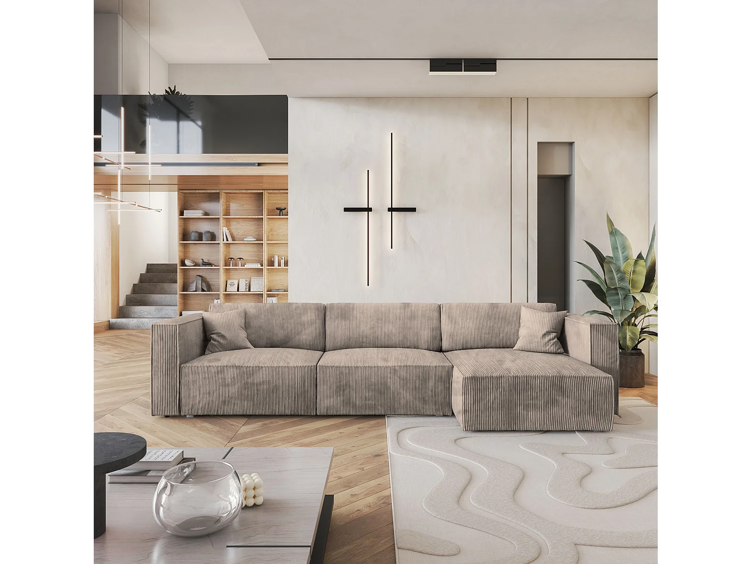 Canapé d'angle TOLMO Beige en velours côtelé avec fonction de couchage