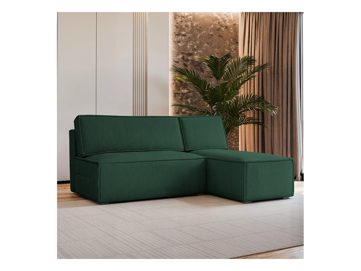 Canapé d'angle BRISO Vert Sapin en velours côtelé avec fonction de couchage