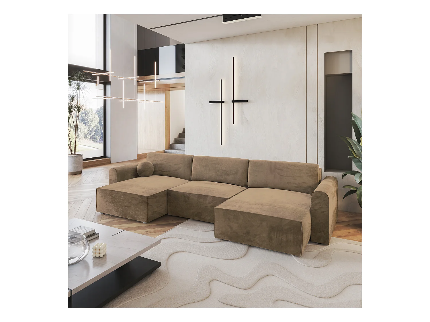 Canapé d'angle FENTO Beige en velours avec fonction de couchage