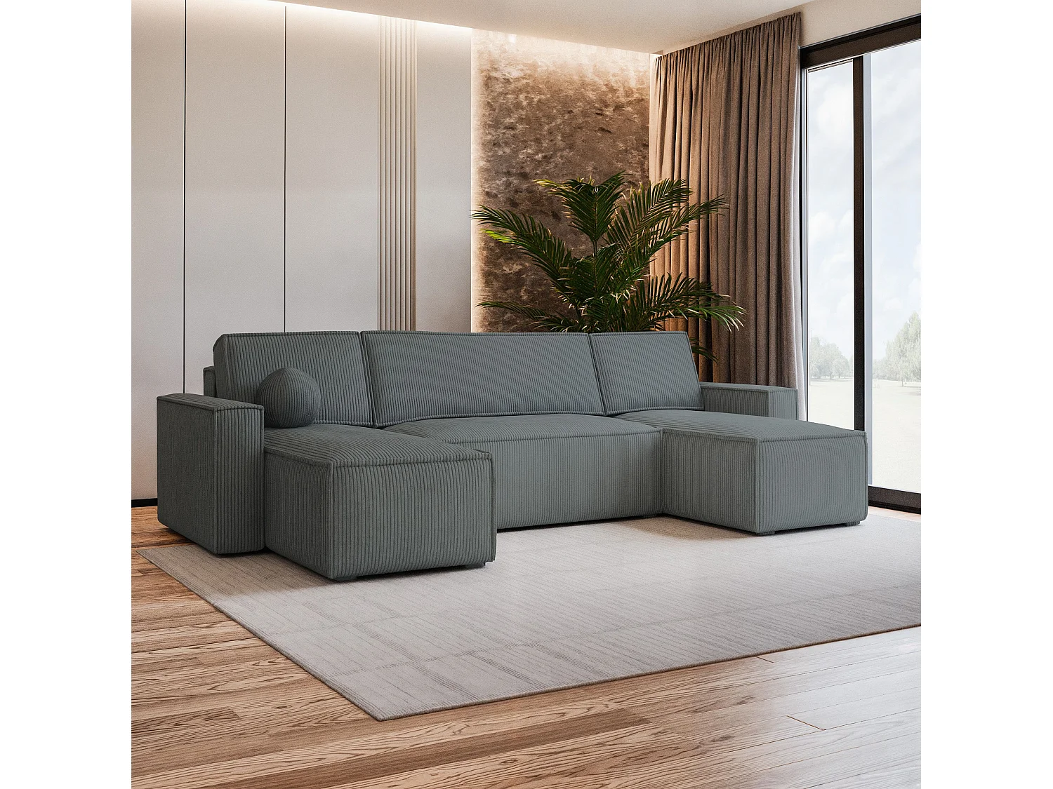 Canapé d'angle PESANO Gris en velours côtelé avec fonction de couchage