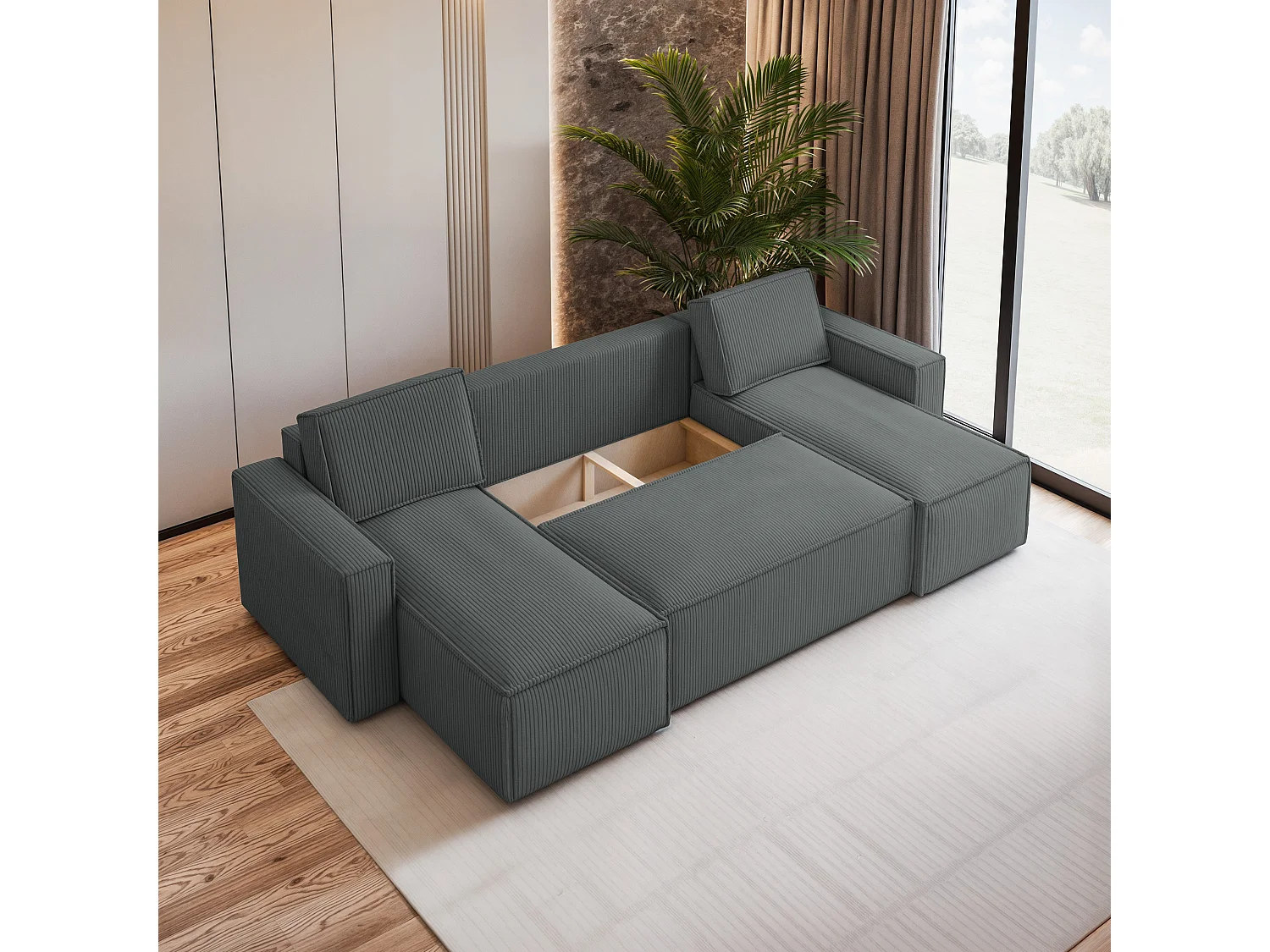 Canapé d'angle PESANO Gris en velours côtelé avec fonction de couchage