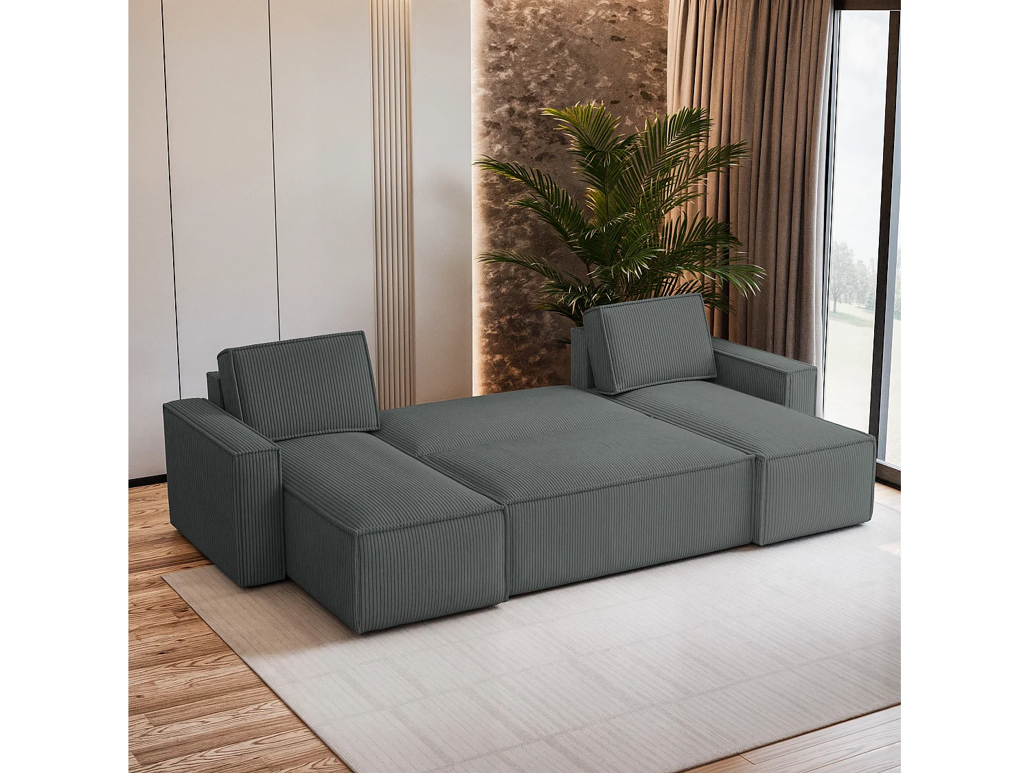 Canapé d'angle PESANO Gris en velours côtelé avec fonction de couchage