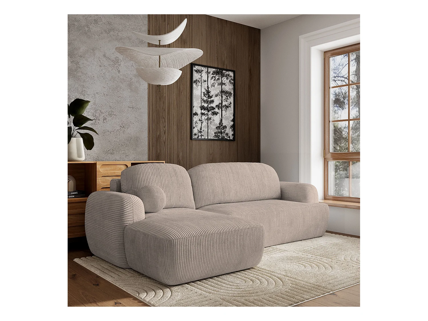 Canapé d'angle MODENZA Beige en velours côtelé avec fonction de couchage