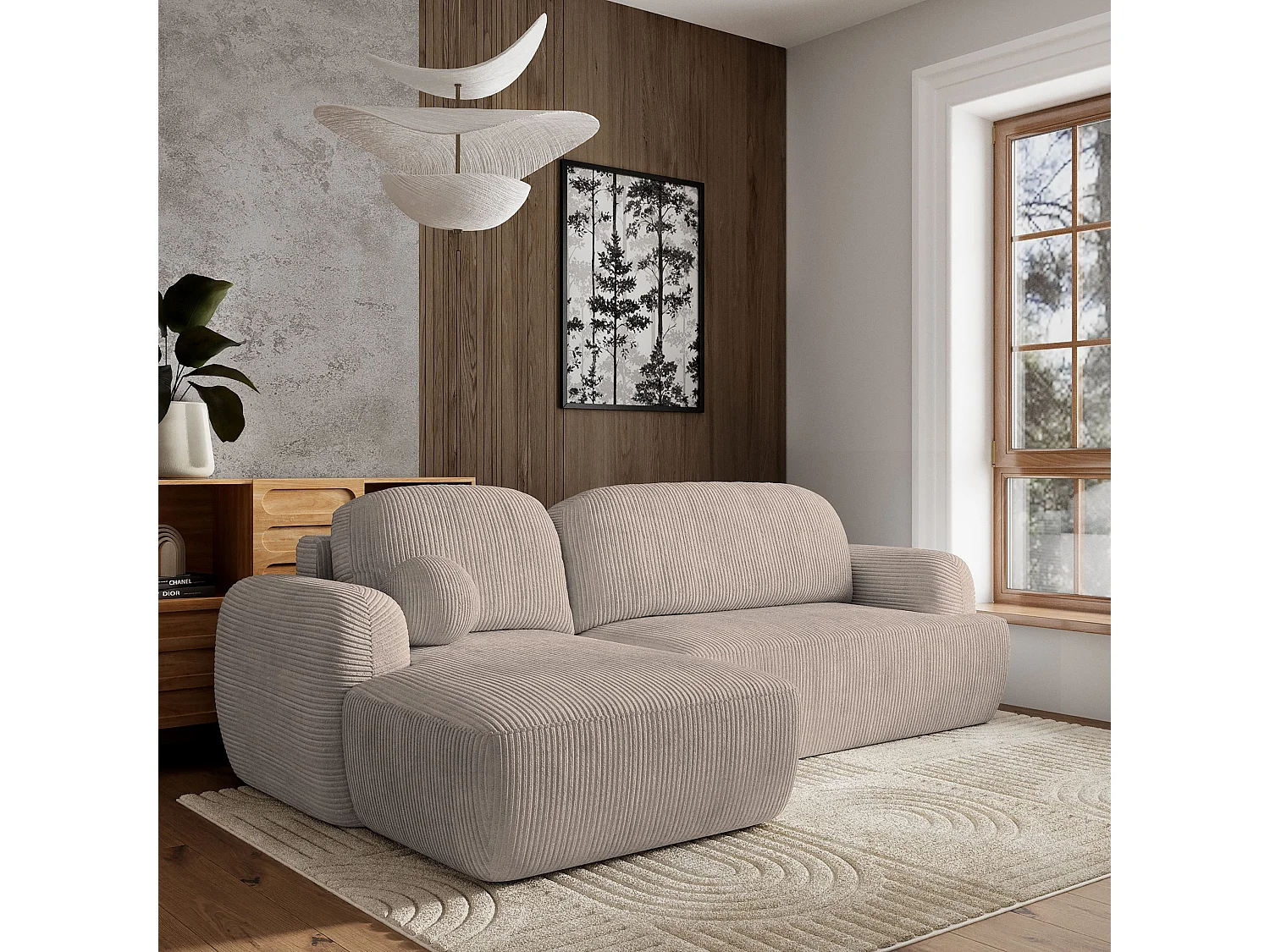 Canapé d'angle MODENZA Beige en velours côtelé avec fonction de couchage