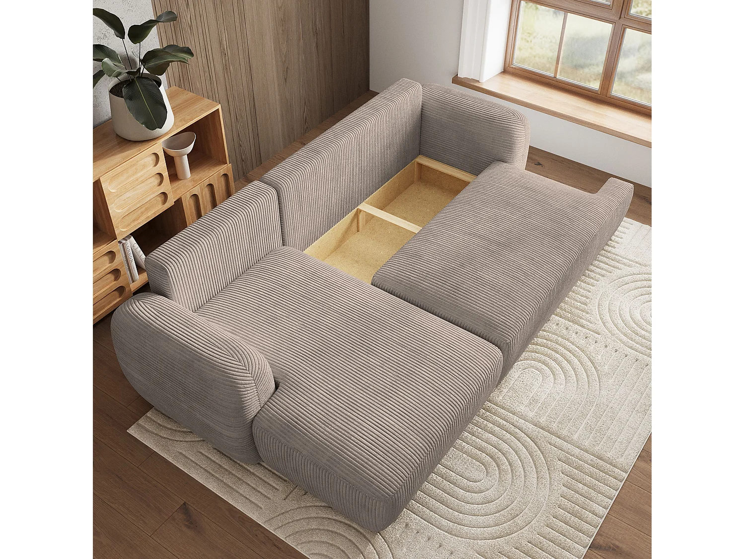 Canapé d'angle MODENZA Beige en velours côtelé avec fonction de couchage