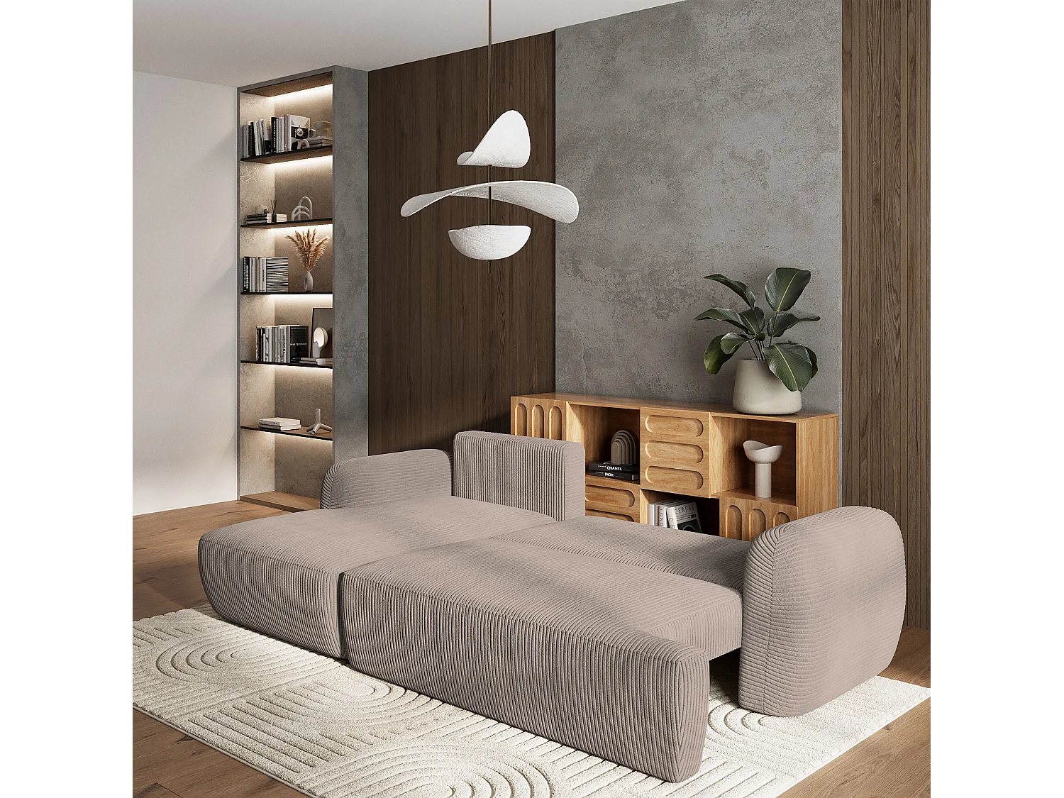 Canapé d'angle MODENZA Beige en velours côtelé avec fonction de couchage