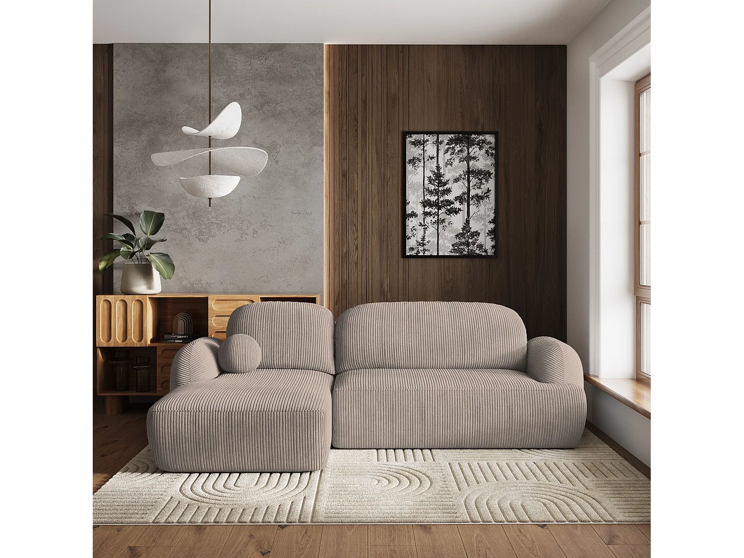 Canapé d'angle MODENZA Beige en velours côtelé avec fonction de couchage