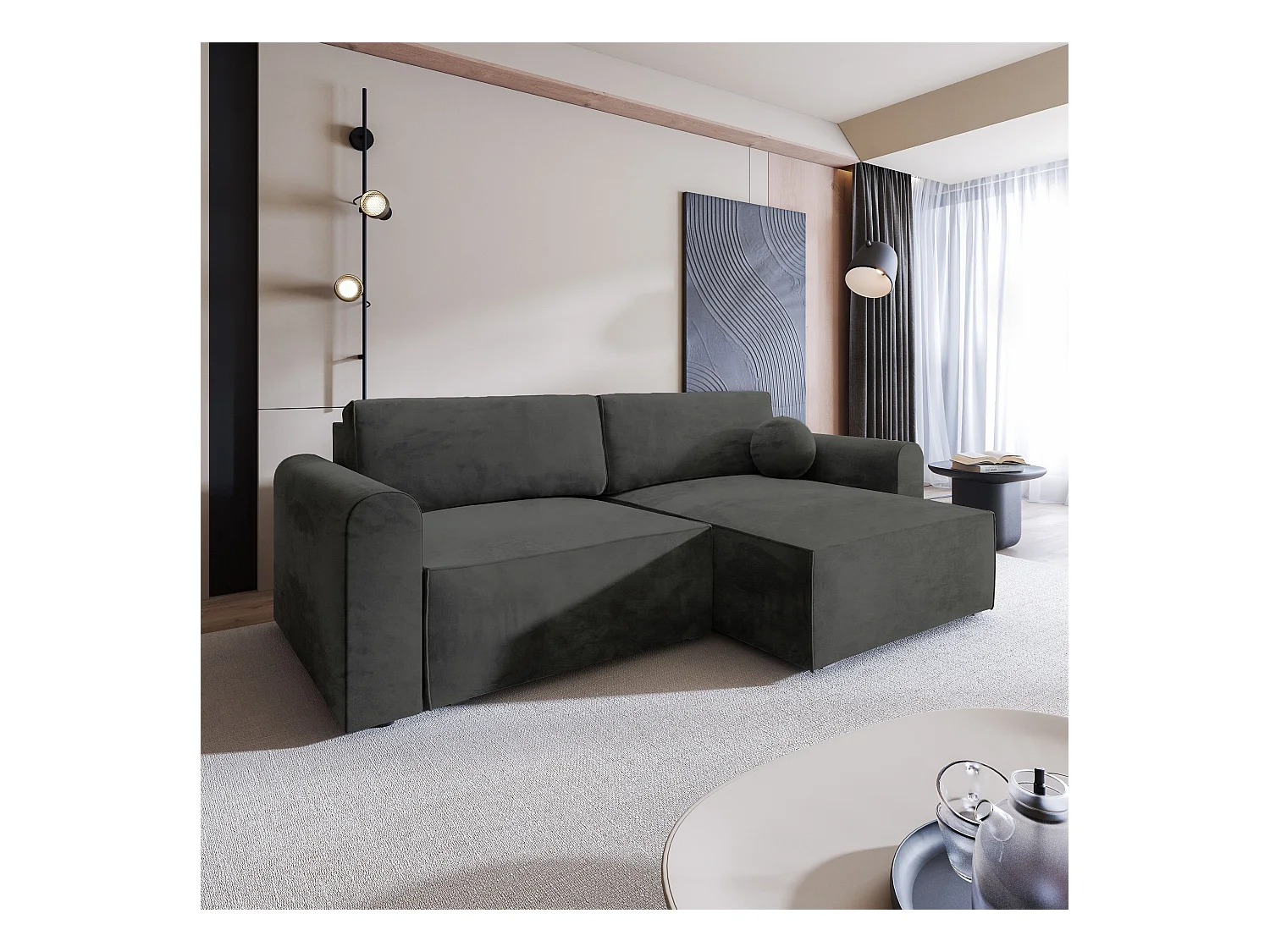 Canapé d'angle FIANO Noir en velours avec fonction de couchage