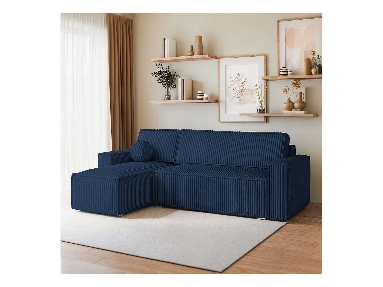 Canapé d'angle RAVELO Bleu en velours côtelé avec fonction de couchage