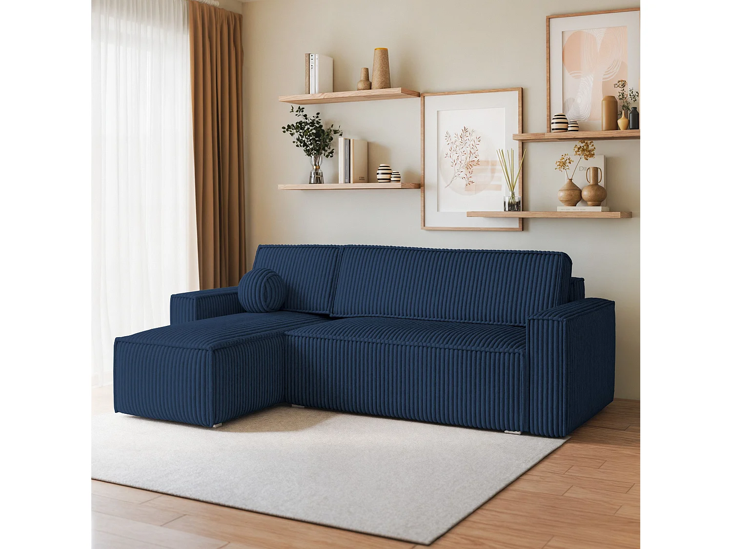 Canapé d'angle RAVELO Bleu en velours côtelé avec fonction de couchage