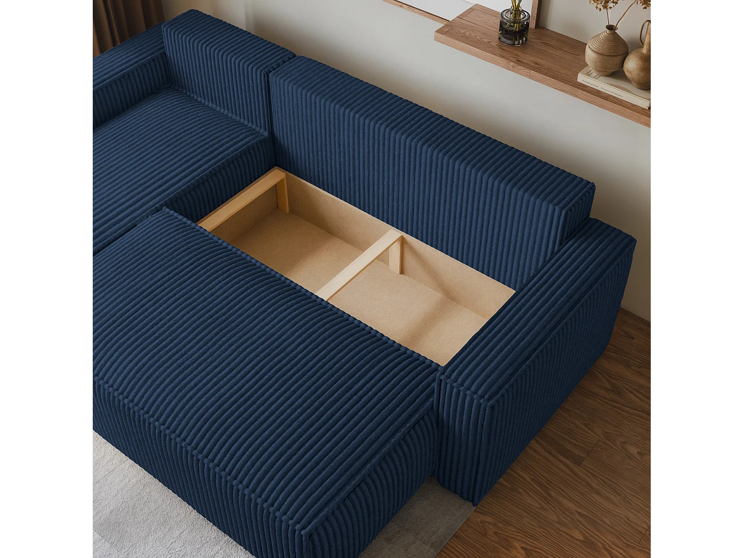 Canapé d'angle RAVELO Bleu en velours côtelé avec fonction de couchage