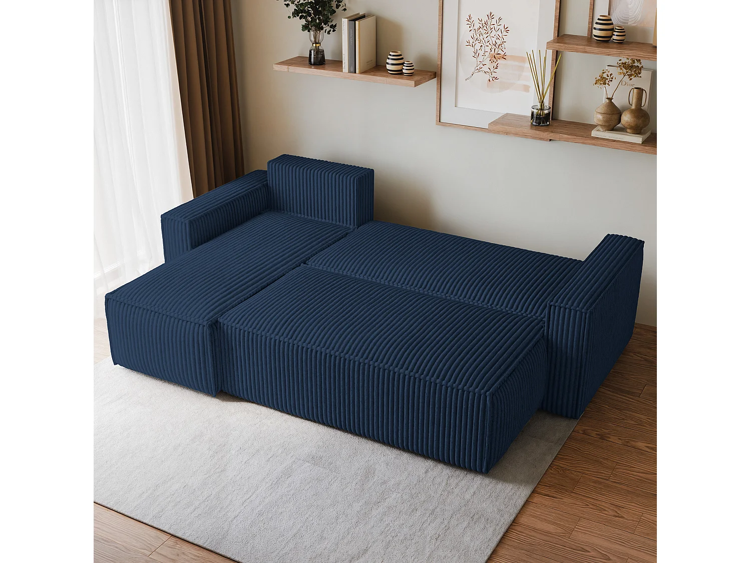 Canapé d'angle RAVELO Bleu en velours côtelé avec fonction de couchage