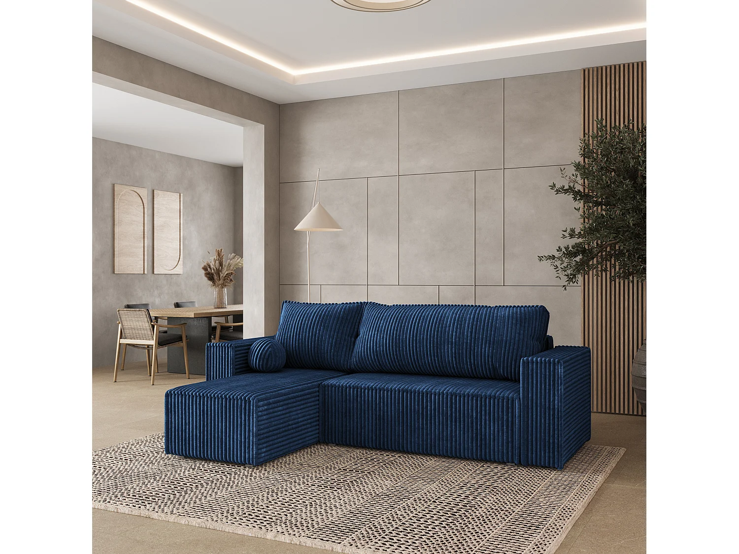 Canapé d'angle RAVELO Bleu en velours côtelé avec fonction de couchage