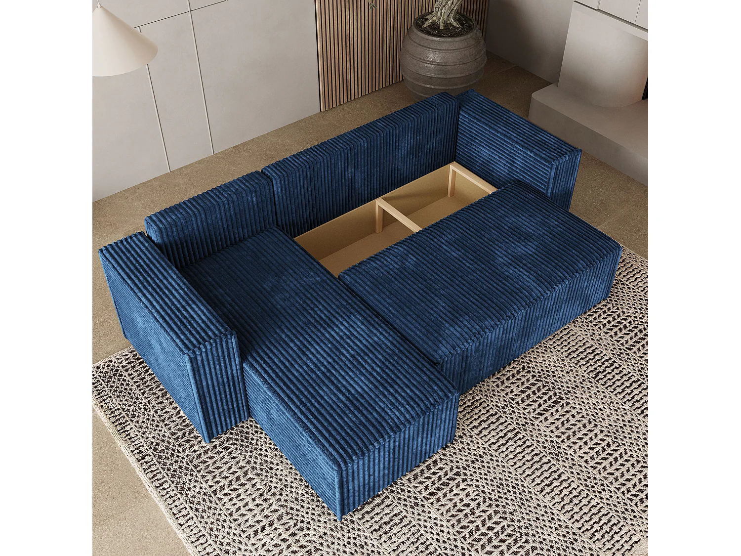 Canapé d'angle RAVELO Bleu en velours côtelé avec fonction de couchage