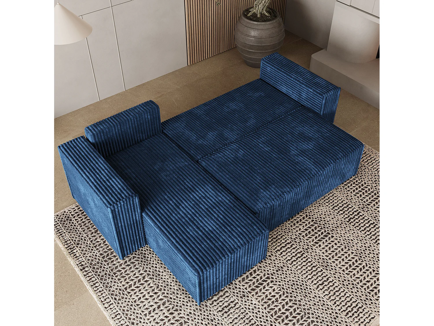 Canapé d'angle RAVELO Bleu en velours côtelé avec fonction de couchage