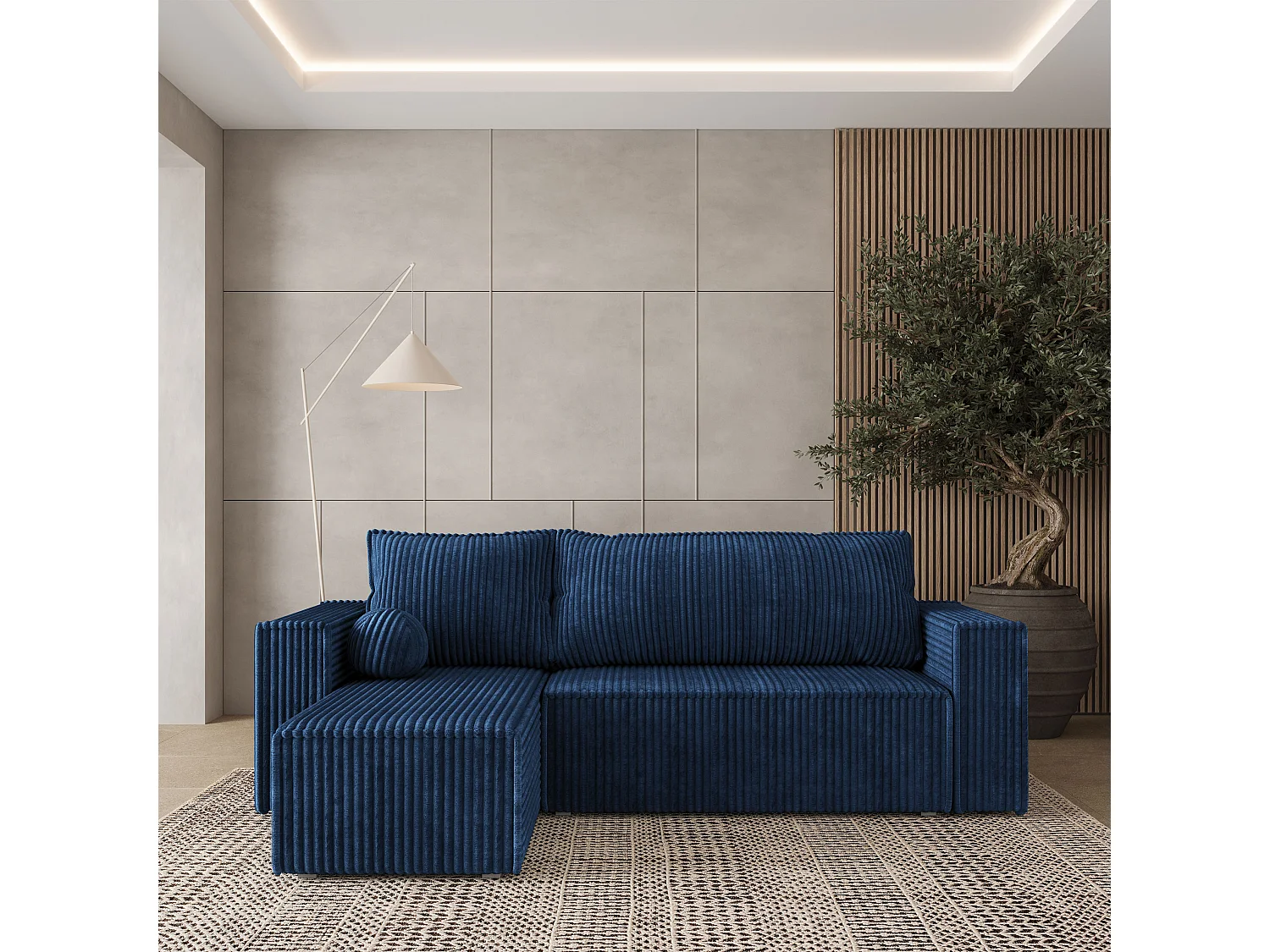 Canapé d'angle RAVELO Bleu en velours côtelé avec fonction de couchage