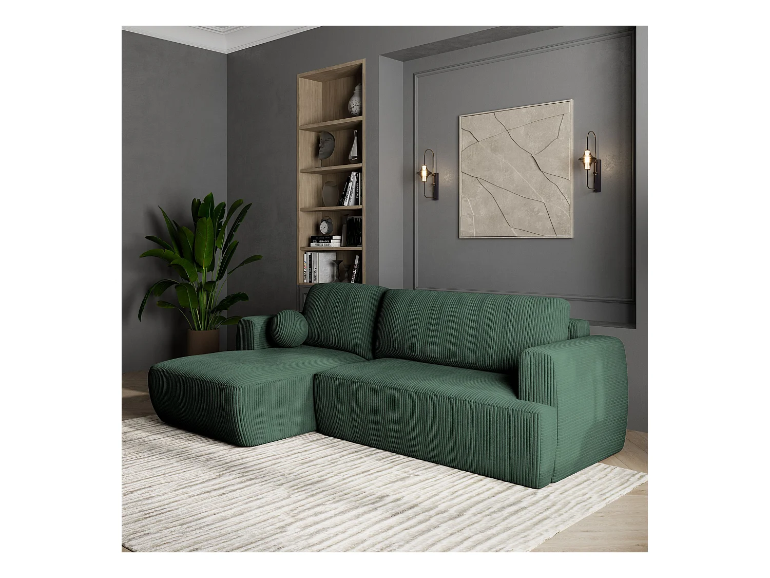 Canapé d'angle SENTI Vert en velours côtelé avec fonction de couchage