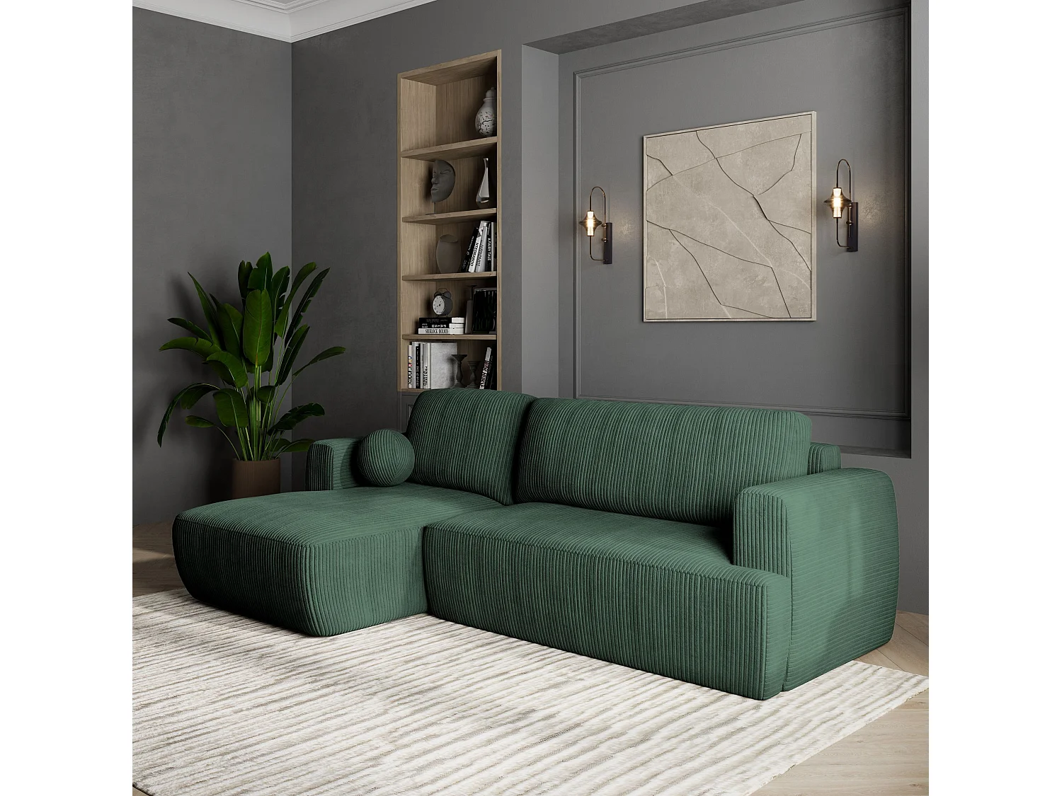 Canapé d'angle SENTI Vert en velours côtelé avec fonction de couchage