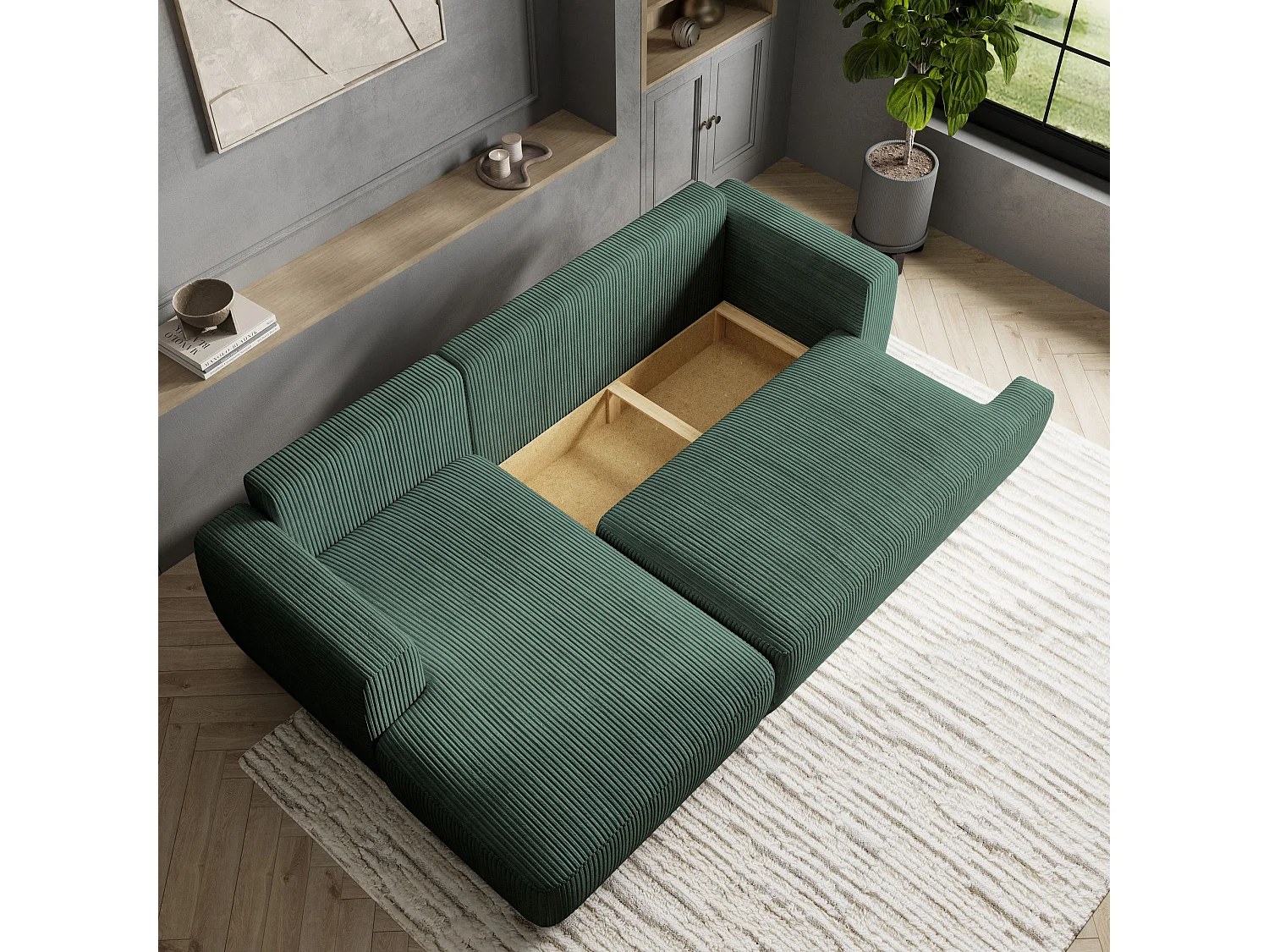 Canapé d'angle SENTI Vert en velours côtelé avec fonction de couchage