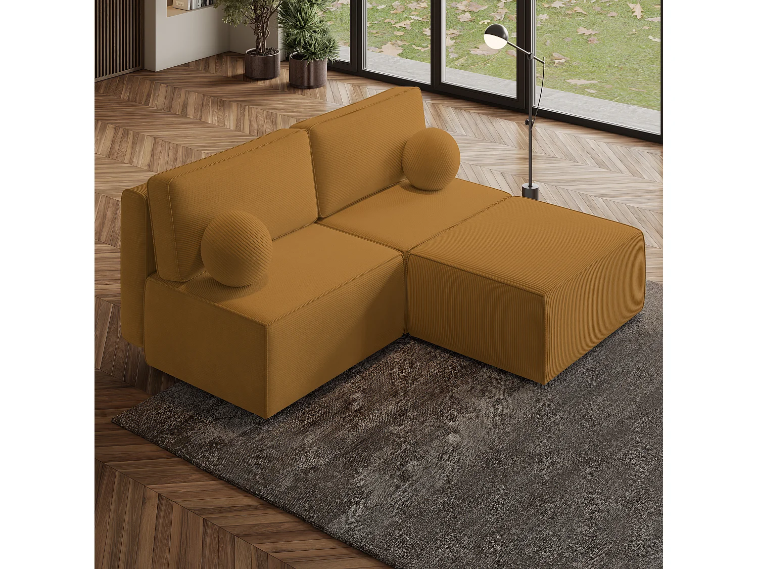 Canapé d'angle VARNA Jaune en velours côtelé avec fonction de couchage