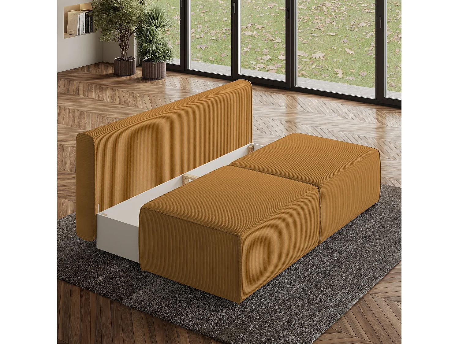 Canapé d'angle VARNA Jaune en velours côtelé avec fonction de couchage