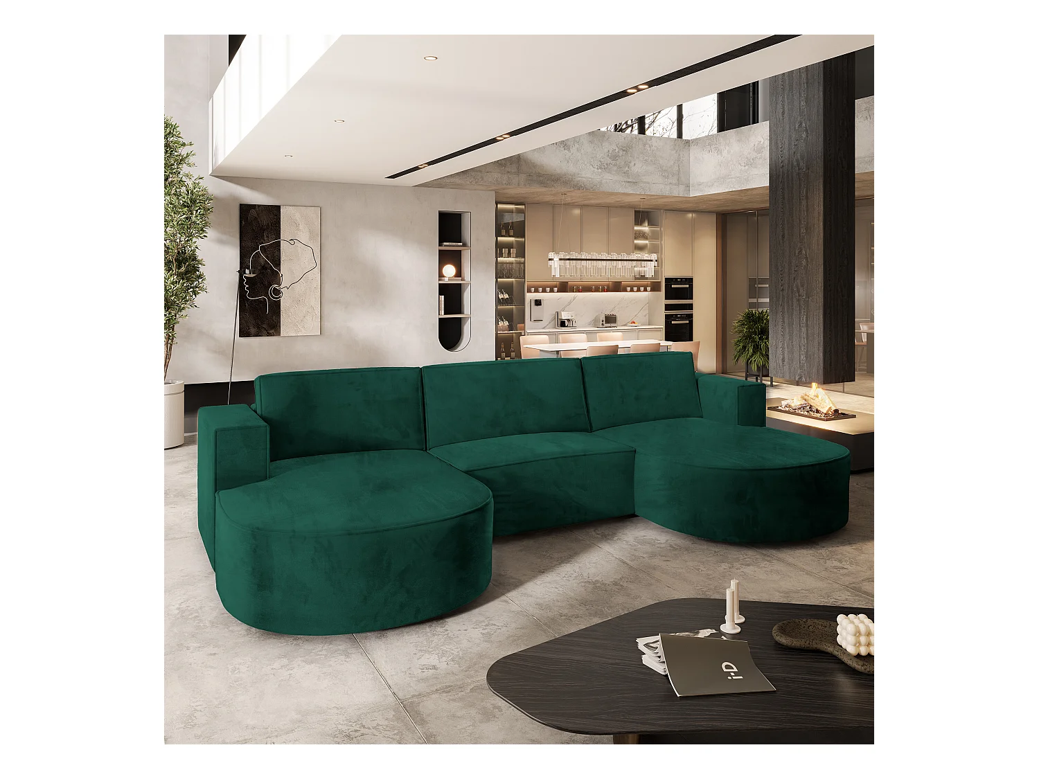 Canapé d'angle VEZZO Vert Sapin en velours avec fonction de couchage