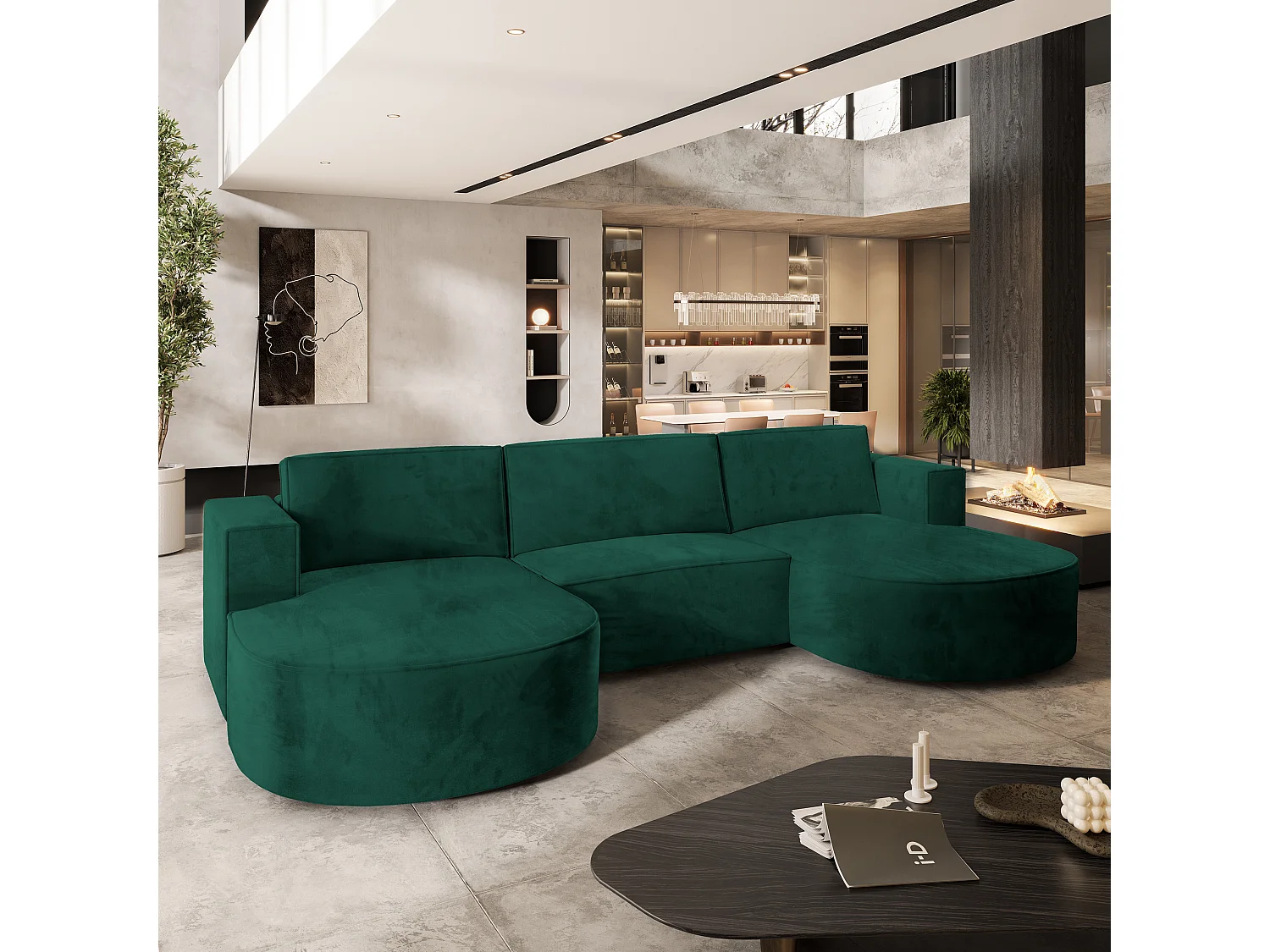 Canapé d'angle VEZZO Vert Sapin en velours avec fonction de couchage