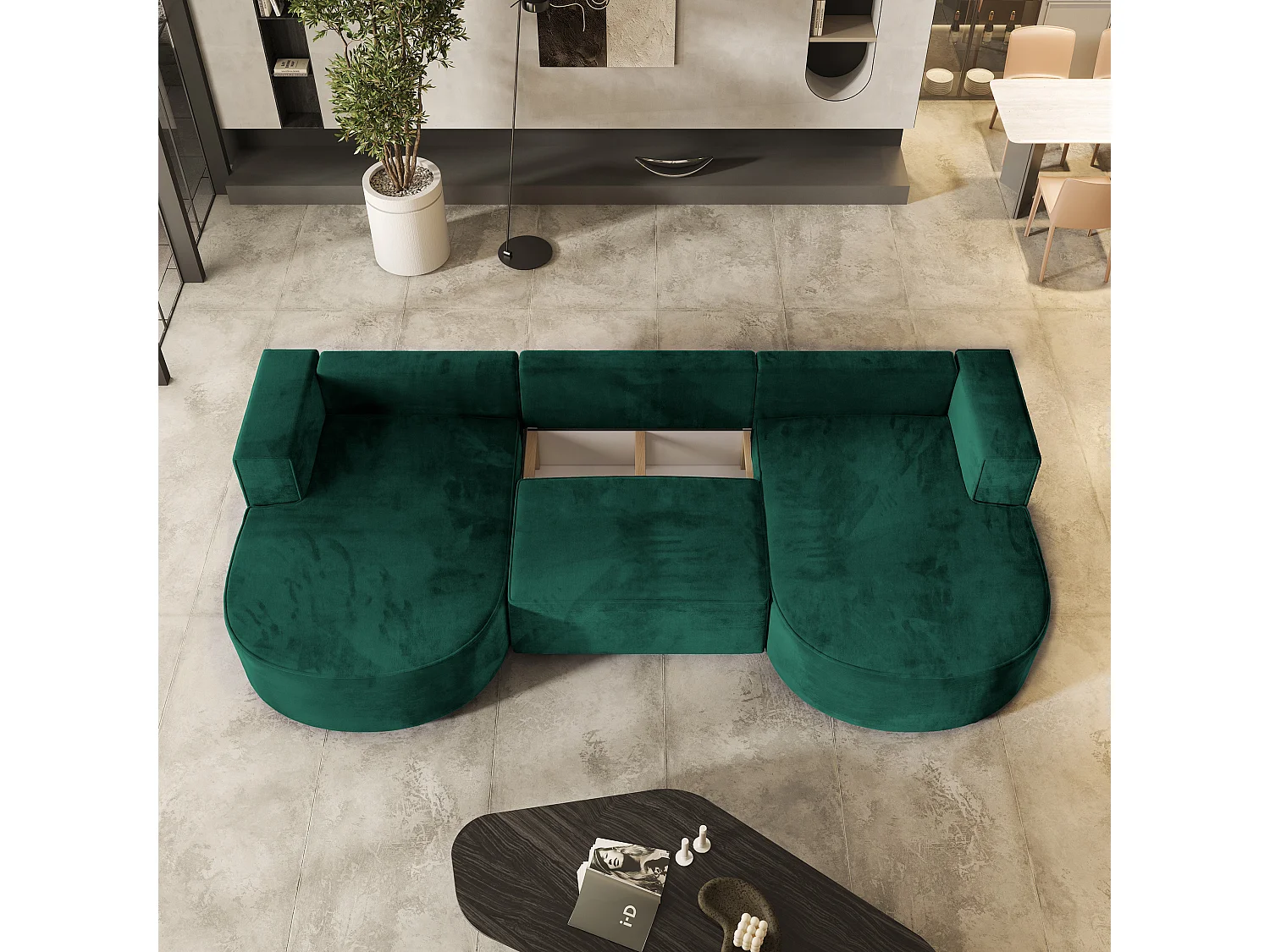 Canapé d'angle VEZZO Vert Sapin en velours avec fonction de couchage