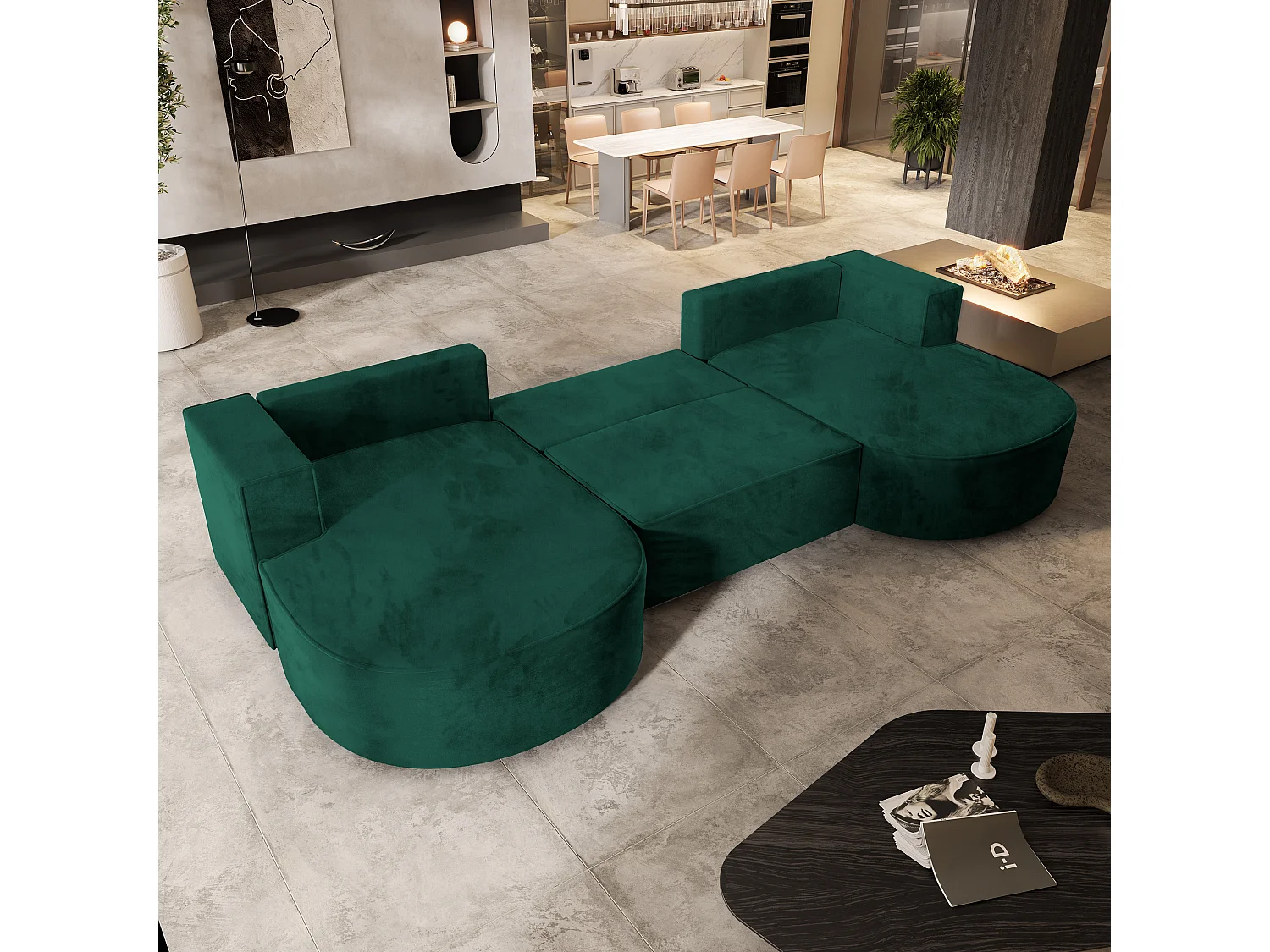 Canapé d'angle VEZZO Vert Sapin en velours avec fonction de couchage