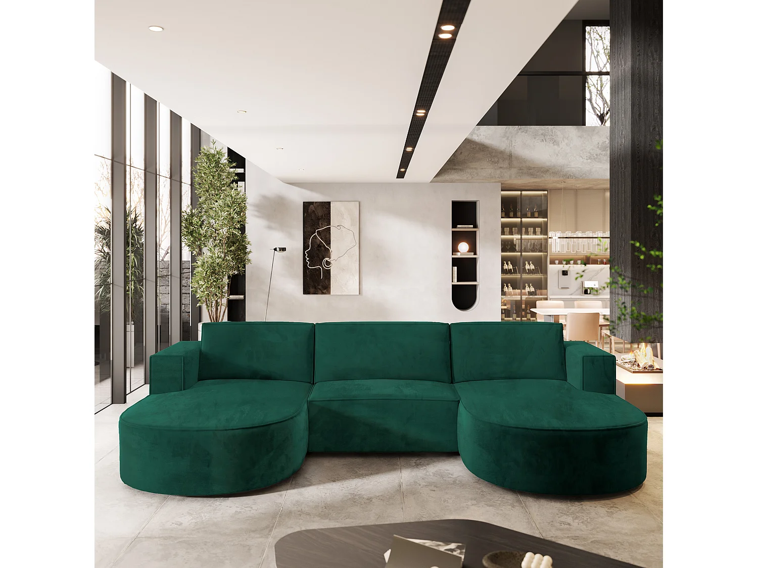 Canapé d'angle VEZZO Vert Sapin en velours avec fonction de couchage