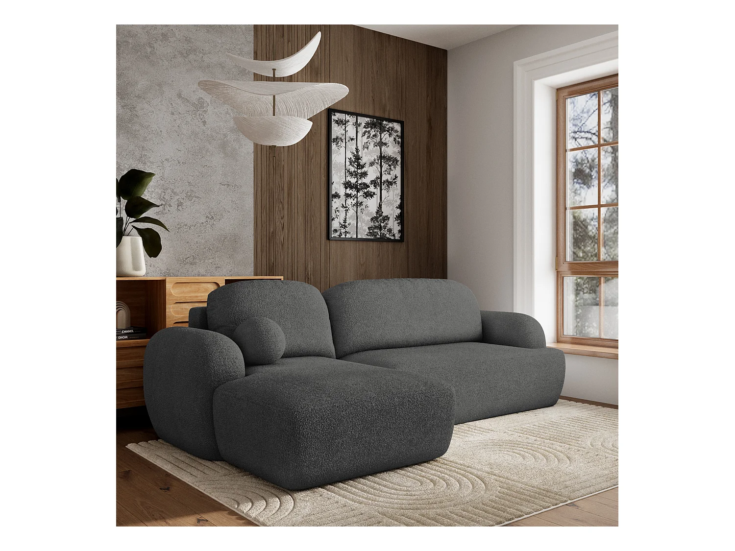 Canapé d'angle MODENZA Gris en bouclé avec fonction de couchage