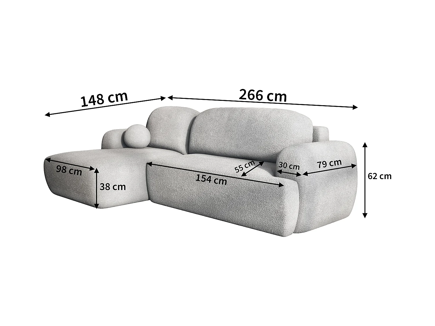 Canapé d'angle MODENZA Gris en bouclé avec fonction de couchage