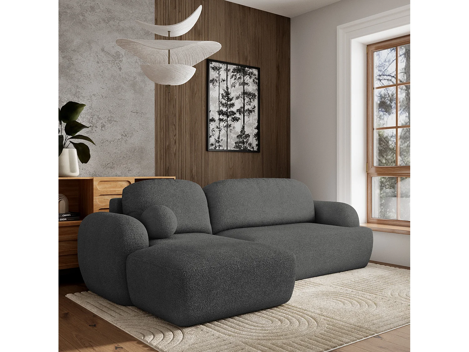 Canapé d'angle MODENZA Gris en bouclé avec fonction de couchage