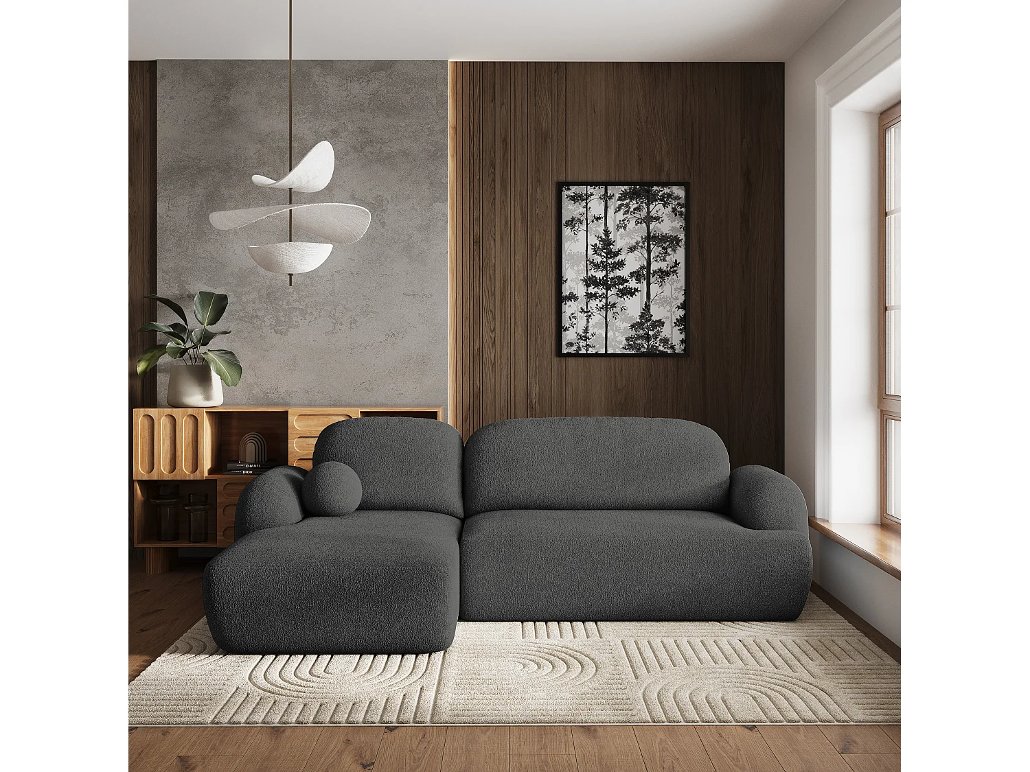 Canapé d'angle MODENZA Gris en bouclé avec fonction de couchage