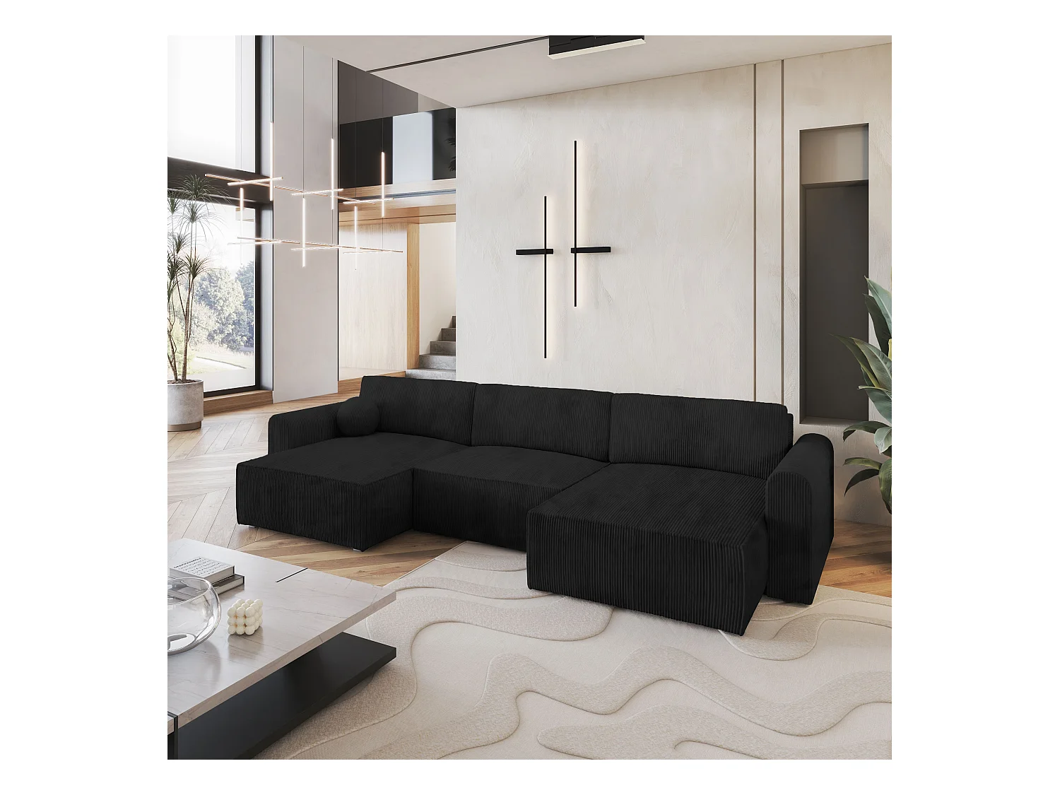 Canapé d'angle FENTO Noir en velours côtelé avec fonction de couchage