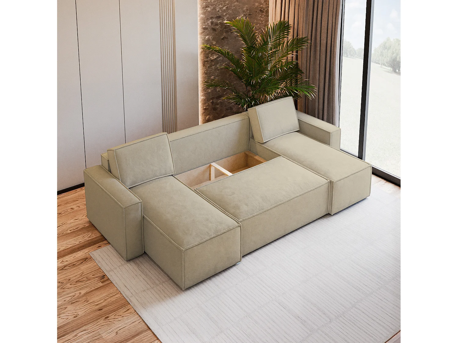 Canapé d'angle PESANO Crème en velours avec fonction de couchage