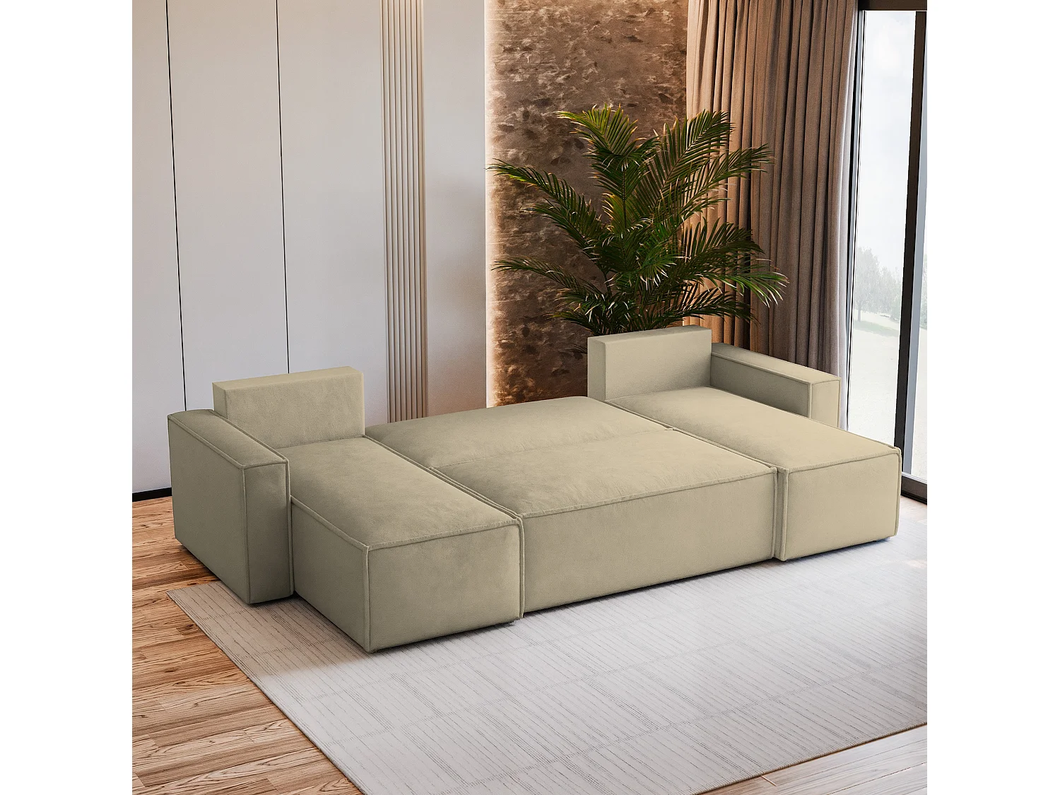 Canapé d'angle PESANO Crème en velours avec fonction de couchage