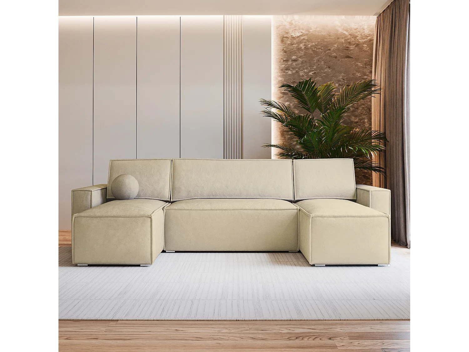 Canapé d'angle PESANO Crème en velours avec fonction de couchage