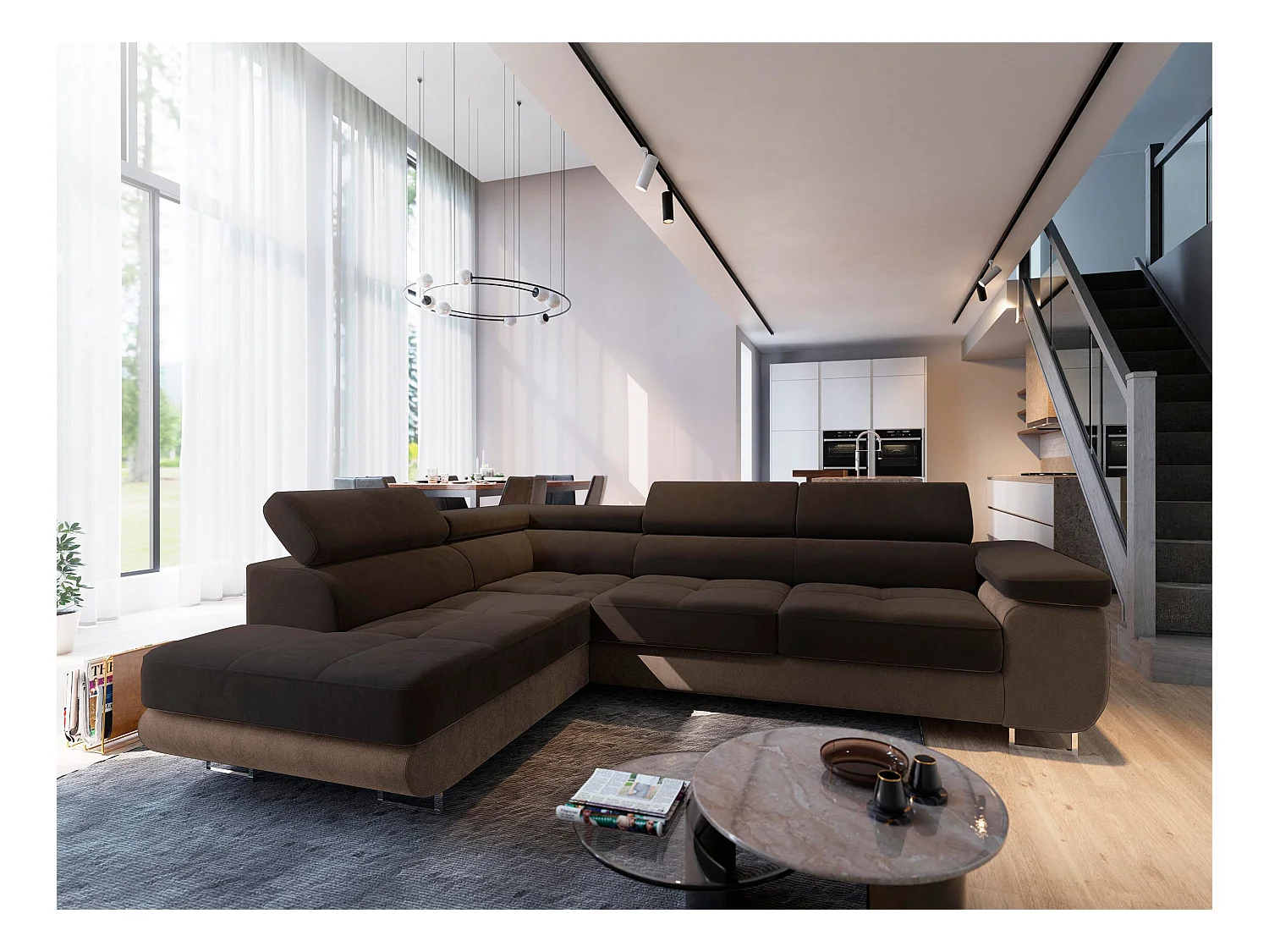 Canapé d'angle SELVA Marron en velours avec fonction de couchage