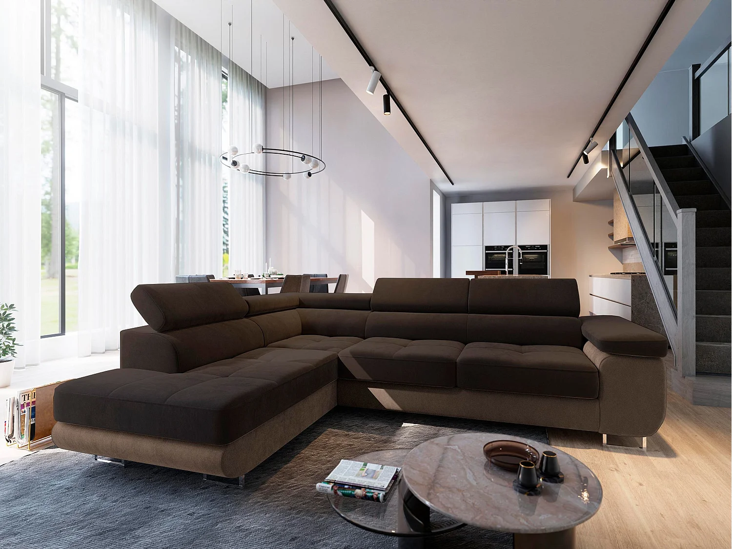 Canapé d'angle SELVA Marron en velours avec fonction de couchage