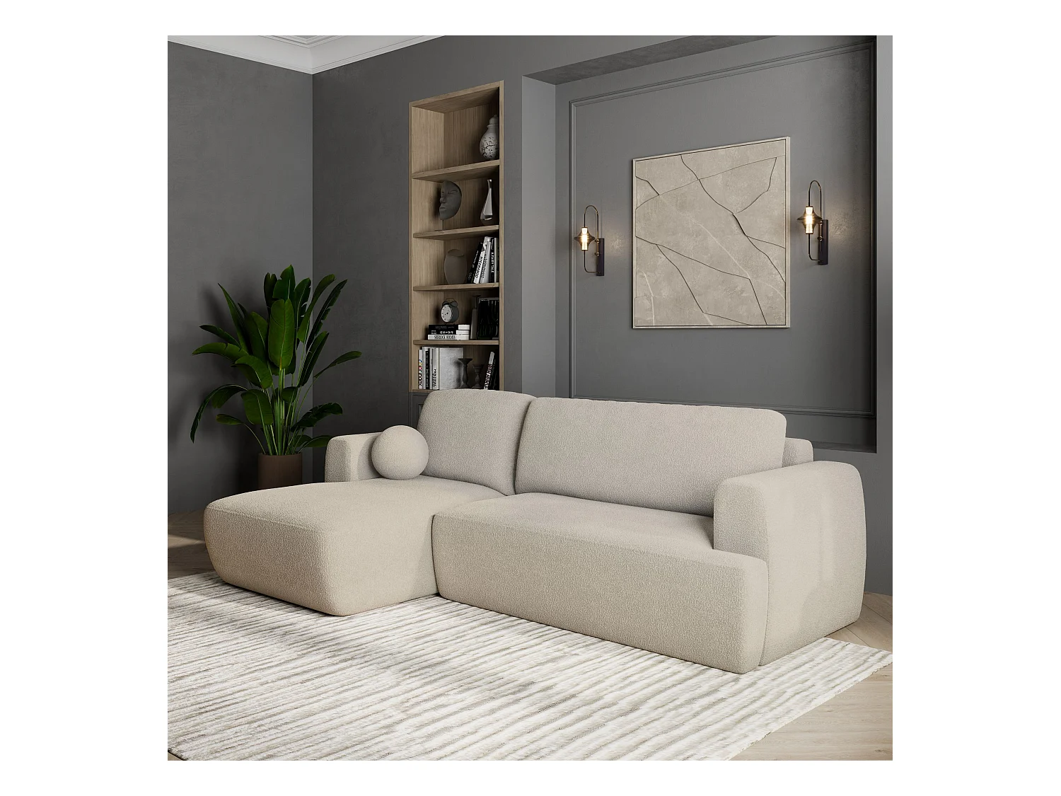 Canapé d'angle SENTI Crème en bouclé avec fonction de couchage